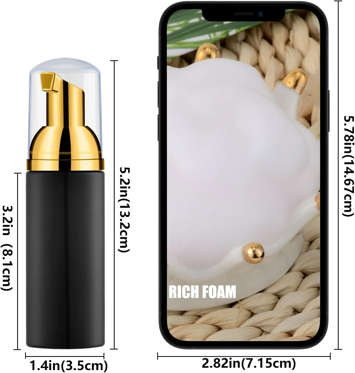 KOIBITO 2 Oz Black Foam Soap Bottle with Gold Pump Empty Travel Foaming Dispenser for Hand Soap,Lash Shampoo,Body Wash(12 PCS, Clear Cap)