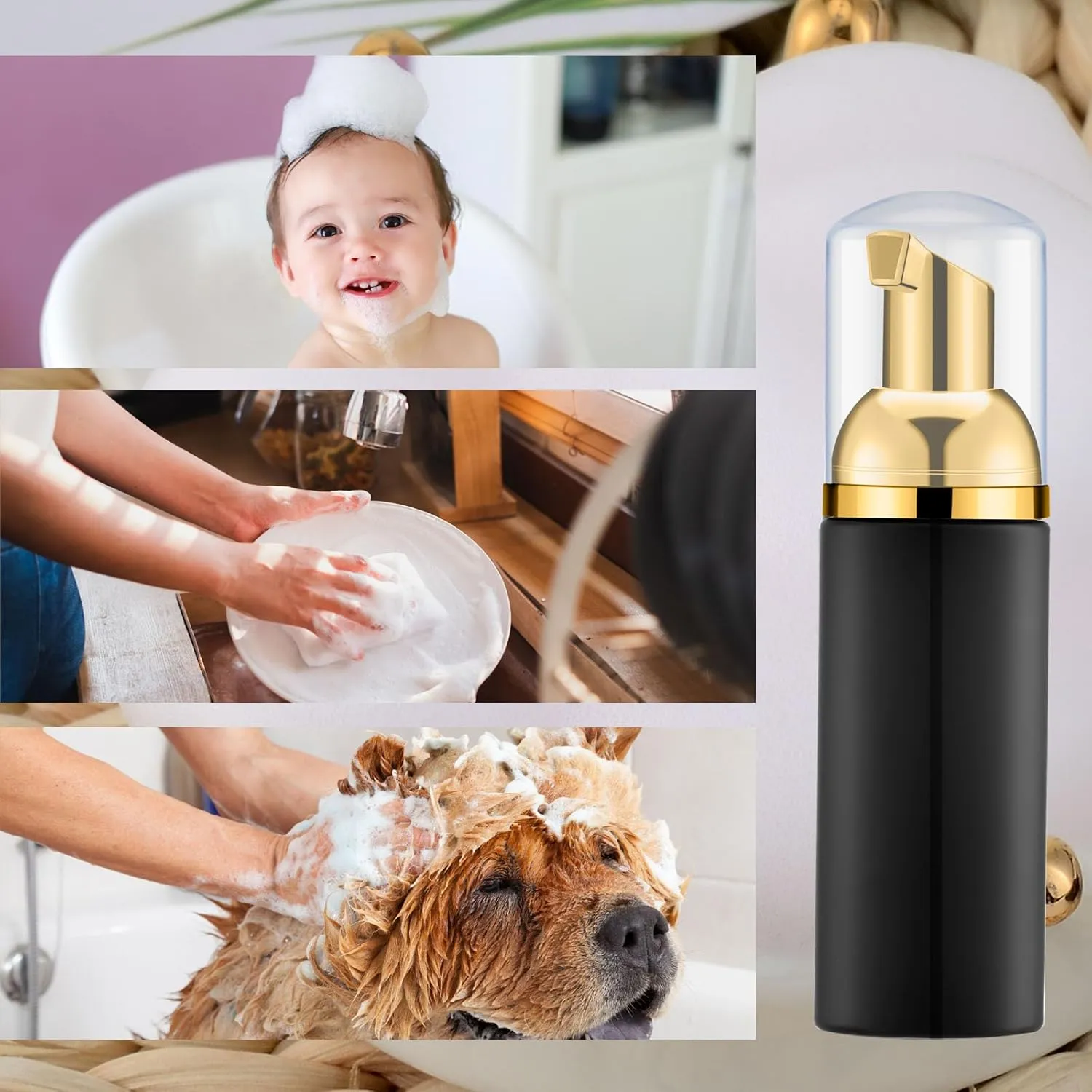 KOIBITO 2 Oz Black Foam Soap Bottle with Gold Pump Empty Travel Foaming Dispenser for Hand Soap,Lash Shampoo,Body Wash(12 PCS, Clear Cap)