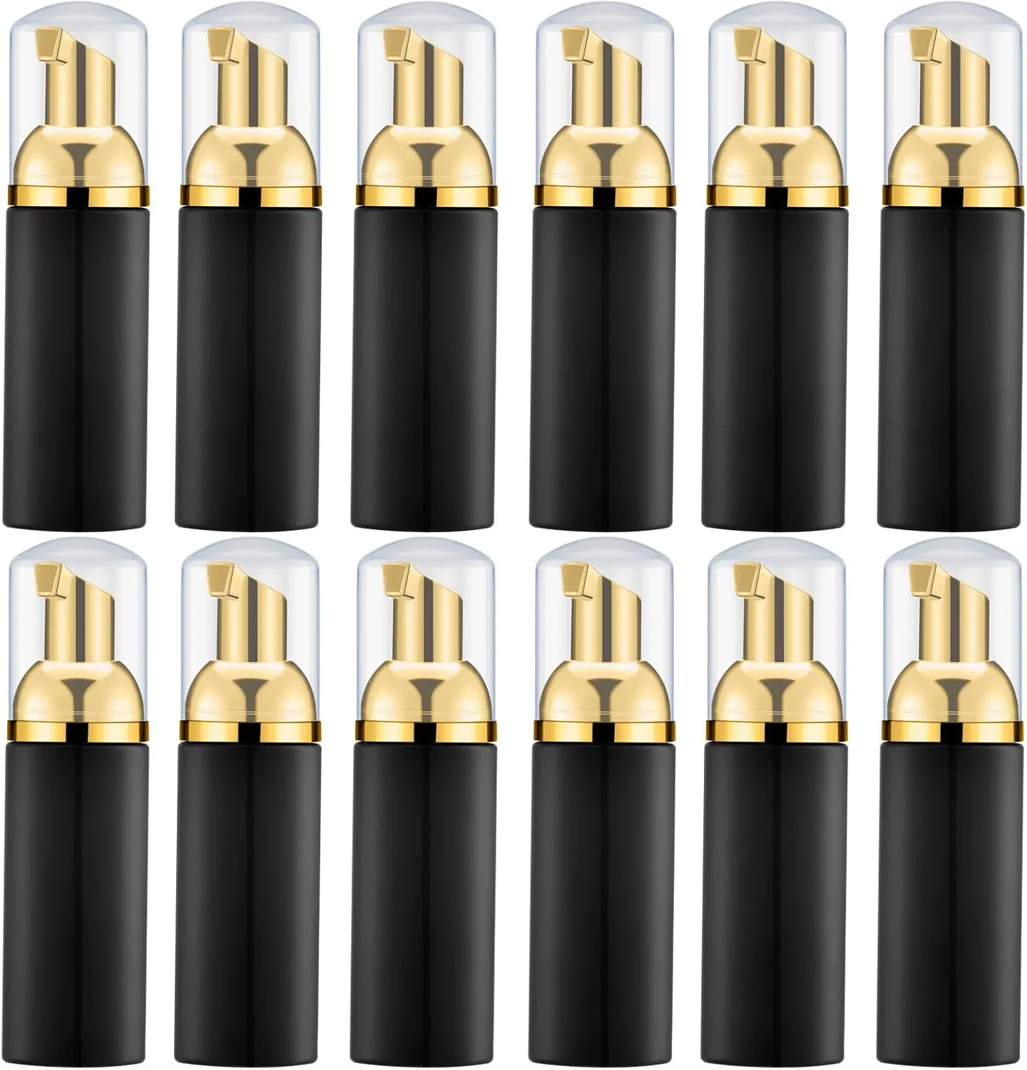 KOIBITO 2 Oz Black Foam Soap Bottle with Gold Pump Empty Travel Foaming Dispenser for Hand Soap,Lash Shampoo,Body Wash(12 PCS, Clear Cap)