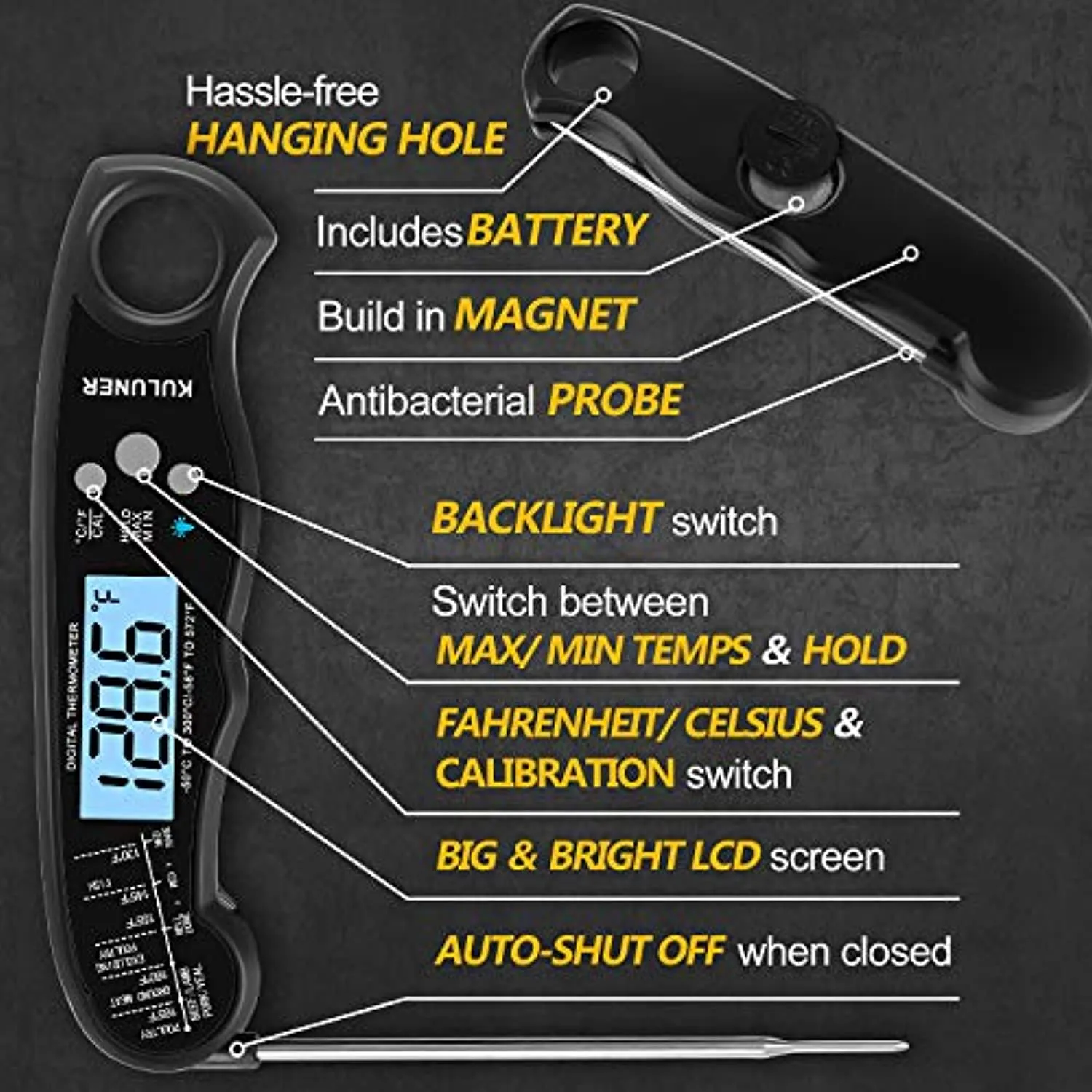 KULUNER TP-01 Waterproof Digital Instant Read Meat Thermometer with 4.6” Folding Probe Backlight & Calibration Function for Cooking Food Candy, BBQ Grill, Liquids,Beef(Black)