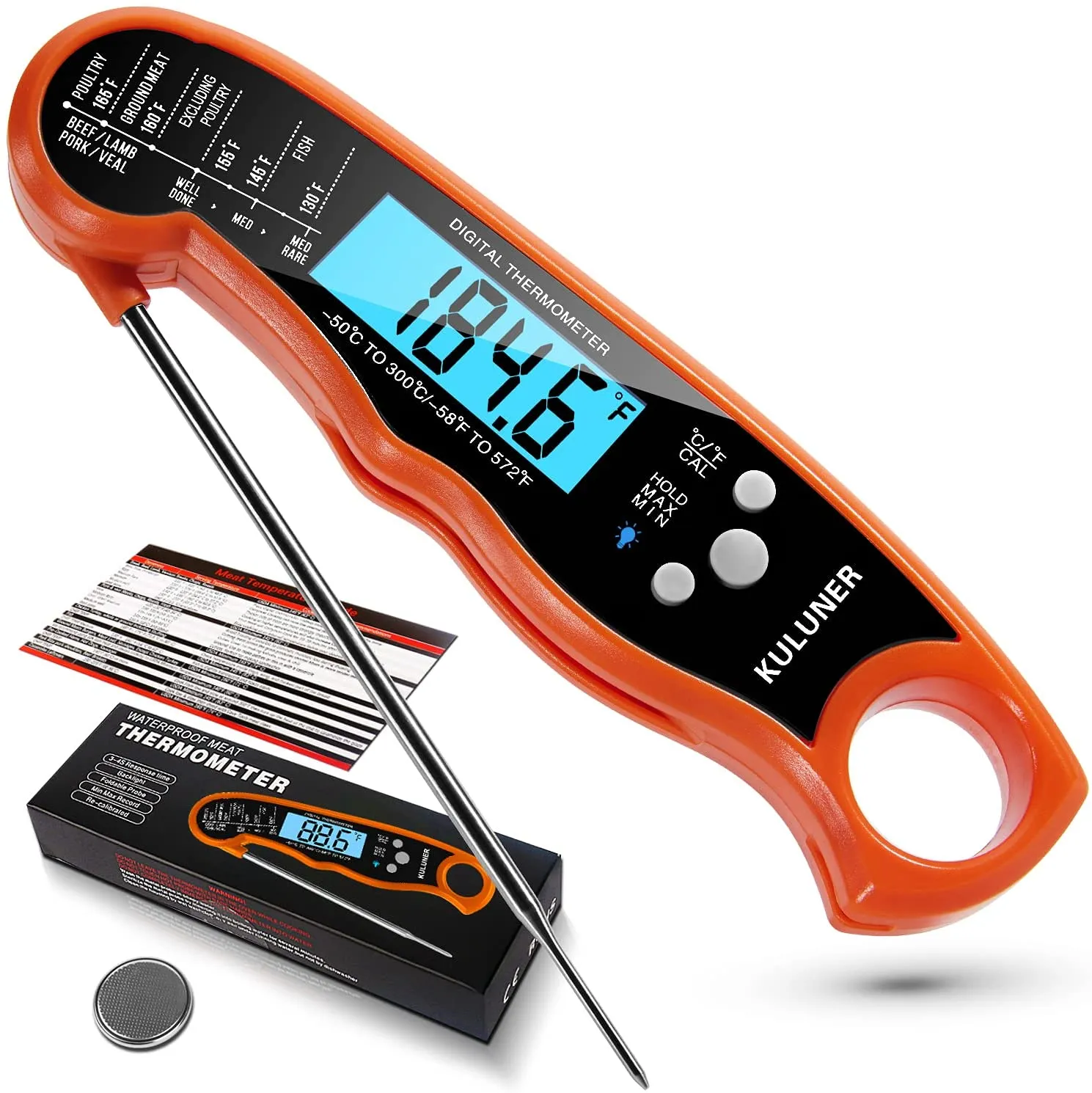 KULUNER TP-01 Waterproof Digital Instant Read Meat Thermometer with 4.6” Folding Probe Backlight & Calibration Function for Cooking Food Candy, BBQ Grill, Liquids,Beef(Black)