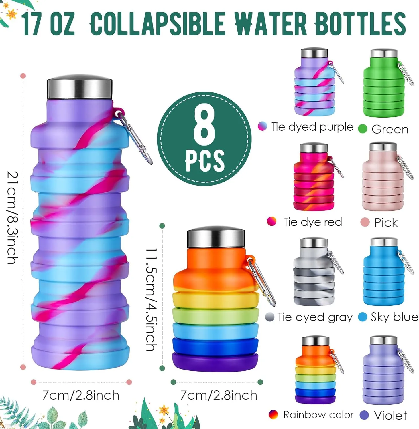 Lallisa 8 Pcs Collapsible Water Bottles Bulk Reusable Silicone Foldable Water Bottles 17 oz Portable Lightweight Sports Bottle with Carabiner for Gym Hiking Camping Travel(Mixed Colors)