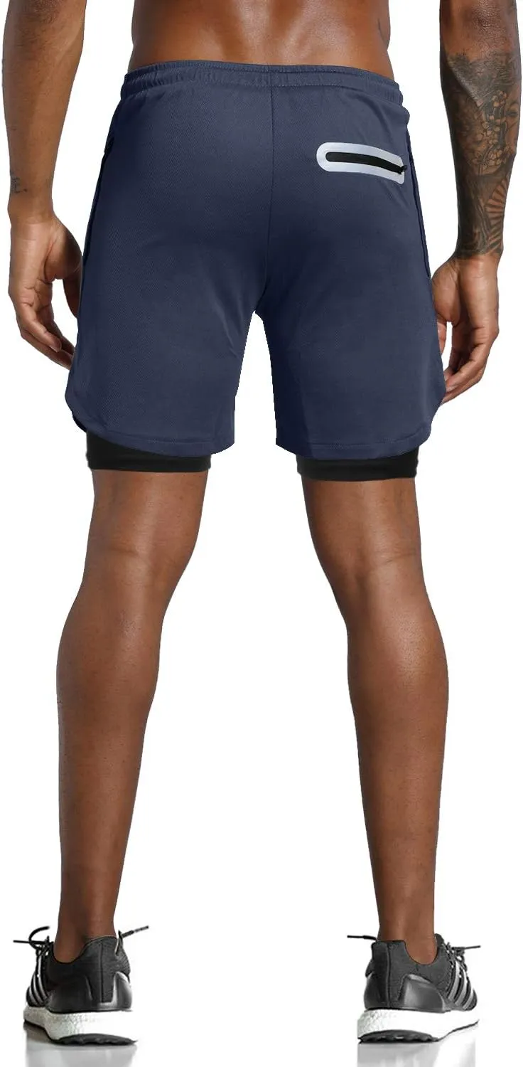 Leidowei Men's 2 in 1 Workout Running Shorts Lightweight Training Yoga Gym 7" Short with Zipper Pockets