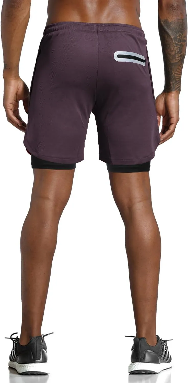 Leidowei Men's 2 in 1 Workout Running Shorts Lightweight Training Yoga Gym 7" Short with Zipper Pockets