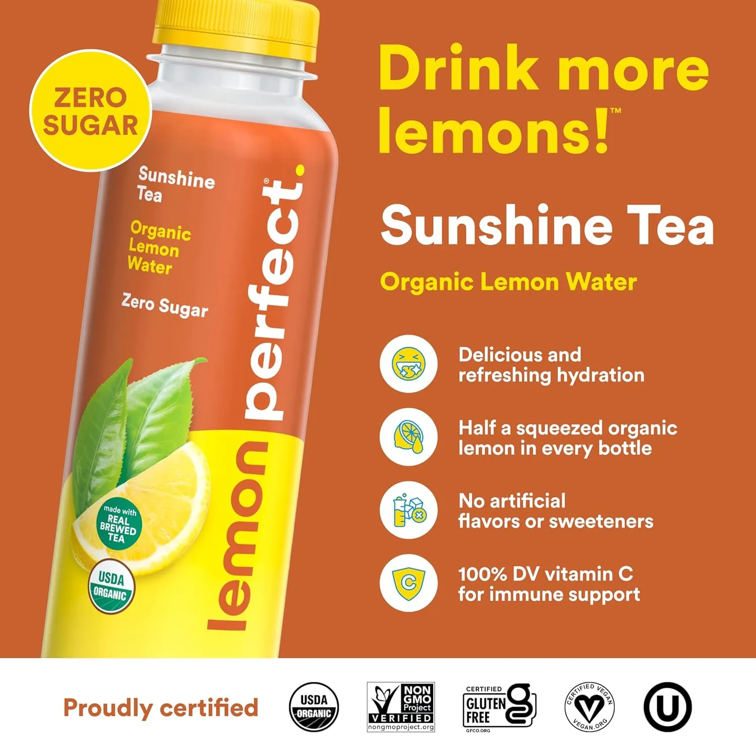 Lemon Perfect Sunshine Lemon Tea, Half Hydrating Flavored Lemon Water & Half Organic Ice Tea, Zero Sugar, Healthy Hydration Drinks, 15.2 fl oz Bottles (12-Pack)