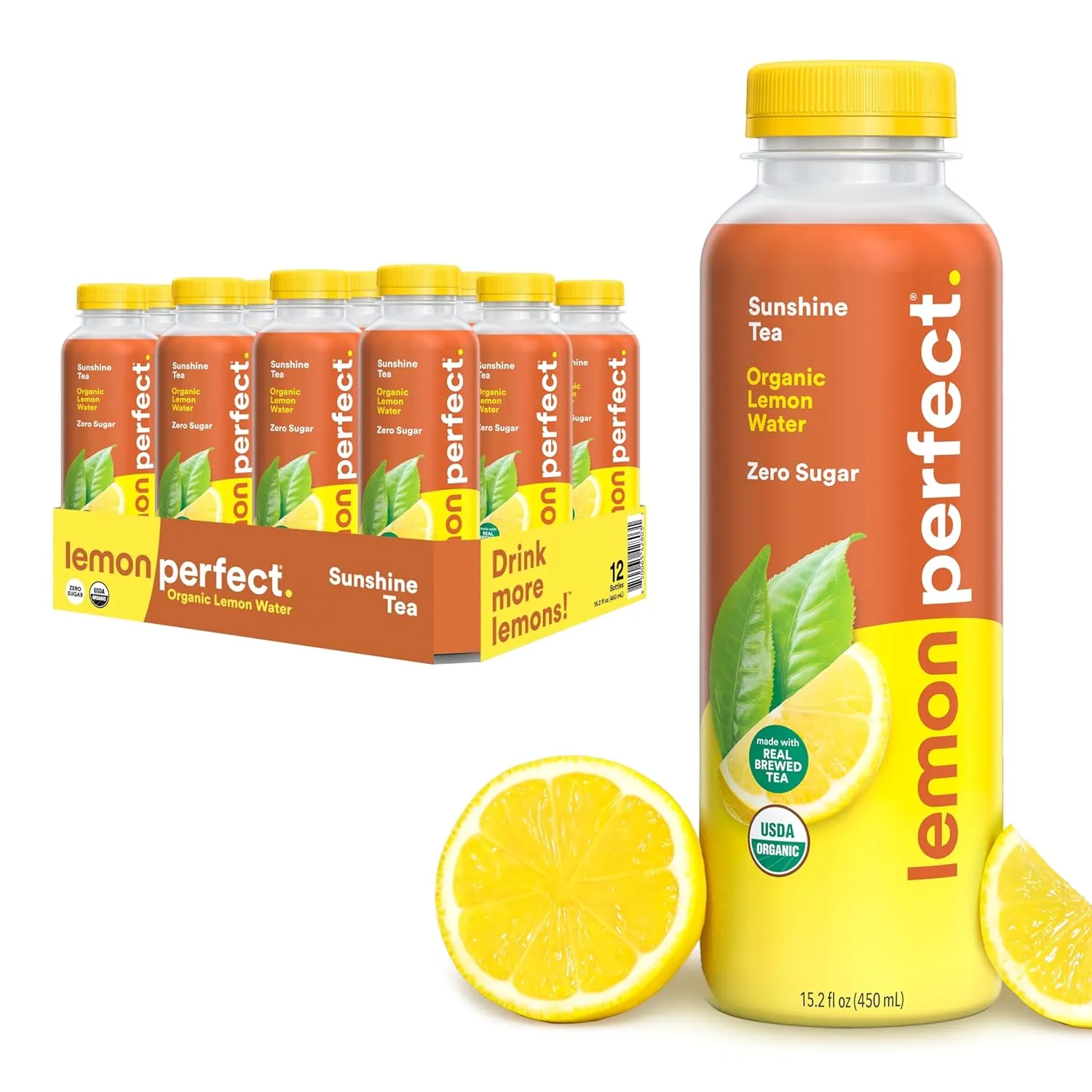 Lemon Perfect Sunshine Lemon Tea, Half Hydrating Flavored Lemon Water & Half Organic Ice Tea, Zero Sugar, Healthy Hydration Drinks, 15.2 fl oz Bottles (12-Pack)