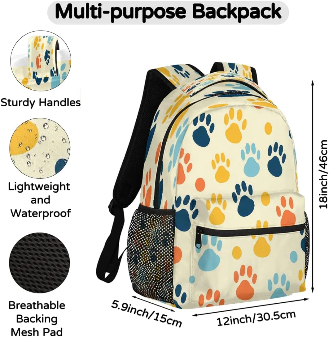 Lightweight Travel Backpack, Colorful Cat Dog Paw Print Large Capacity Bookbag, Waterproof Travel Bag Casual Daypack for Men Women Adults