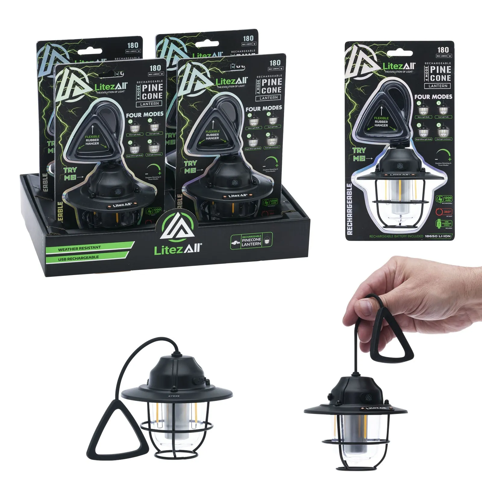 LitezAll Rechargeable Pine Cone Lantern 4 Light Modes