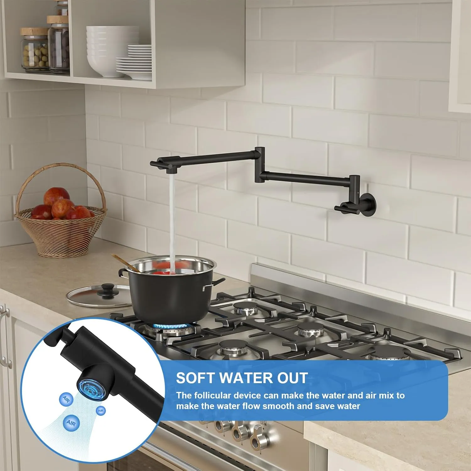 Lordear Black Pot Filler Faucet,Commercial Wall Mount Stove Kitchen Faucet, Stainless Steel Pot Filler Folding Faucet Over Stove, Kitchen Pot Faucet with Double Joint Swing Arms