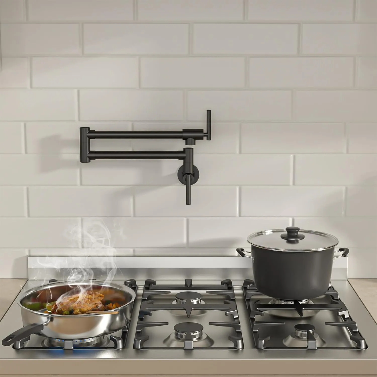 Lordear Black Pot Filler Faucet,Commercial Wall Mount Stove Kitchen Faucet, Stainless Steel Pot Filler Folding Faucet Over Stove, Kitchen Pot Faucet with Double Joint Swing Arms