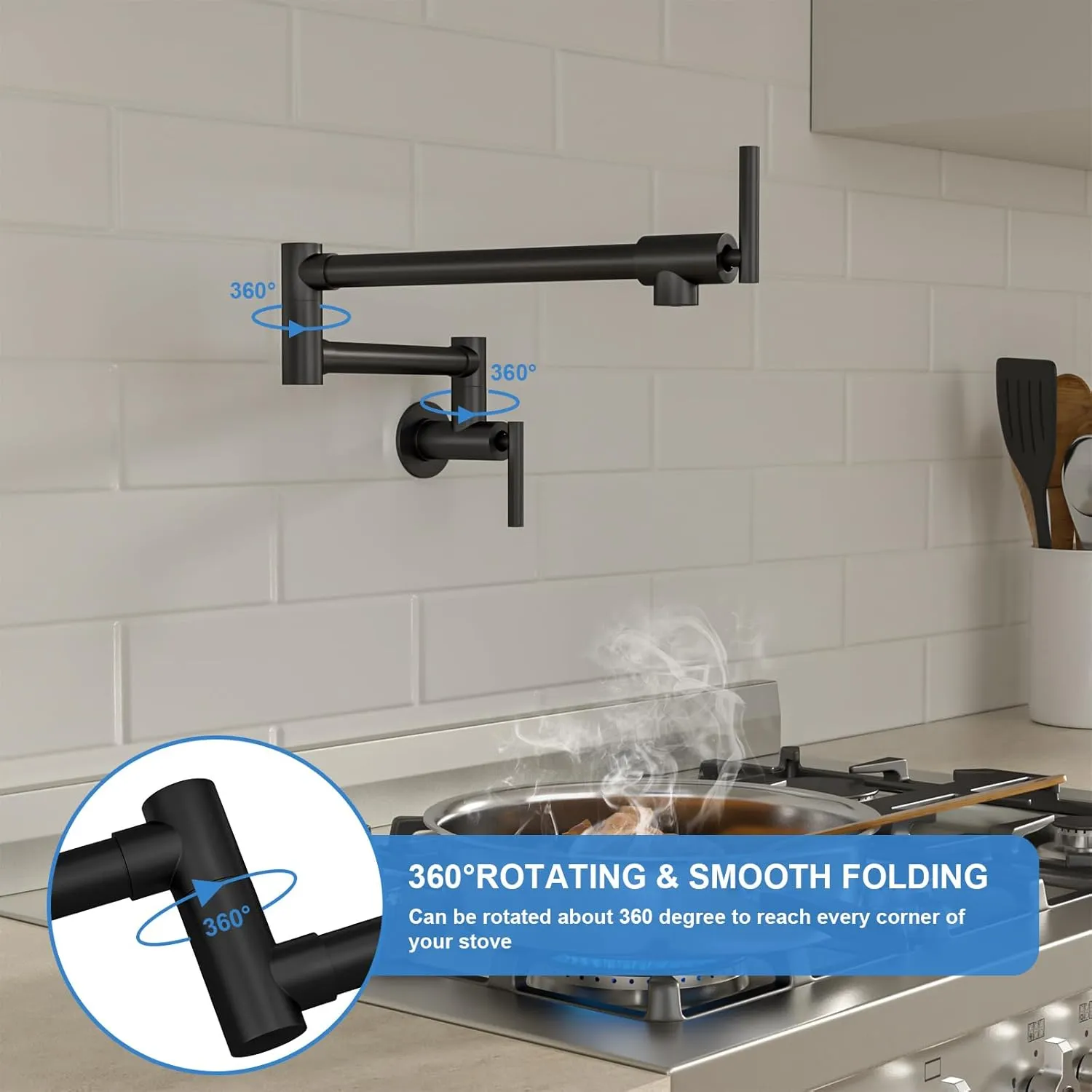 Lordear Black Pot Filler Faucet,Commercial Wall Mount Stove Kitchen Faucet, Stainless Steel Pot Filler Folding Faucet Over Stove, Kitchen Pot Faucet with Double Joint Swing Arms
