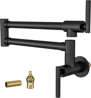 Lordear Black Pot Filler Faucet,Commercial Wall Mount Stove Kitchen Faucet, Stainless Steel Pot Filler Folding Faucet Over Stove, Kitchen Pot Faucet with Double Joint Swing Arms