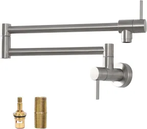 Lordear Pot Filler Faucet Brushed Nickel Finish Wall Mount Stove Kitchen Faucet Stainless Steel Pot Filler Folding Faucet Over Stove, Kitchen Pot Faucet with Double Joint Swing Arms