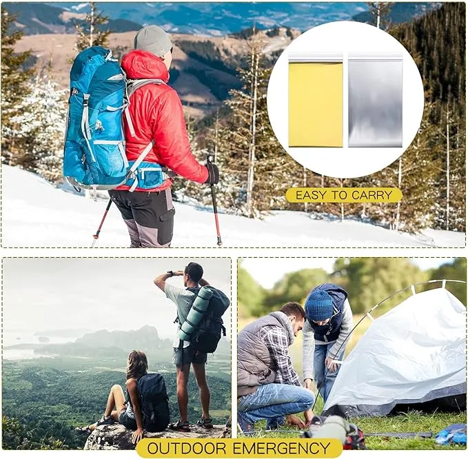 Macarrie 100 Pack Emergency Thermal Blankets Silver Foil Survival Blanket Space Blanket Survival Kit for Outdoors, Camping, Hiking, Homeless, Survival or First Aid (Gold,Silver)