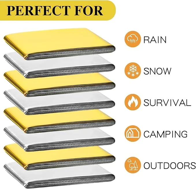 Macarrie 100 Pack Emergency Thermal Blankets Silver Foil Survival Blanket Space Blanket Survival Kit for Outdoors, Camping, Hiking, Homeless, Survival or First Aid (Gold,Silver)