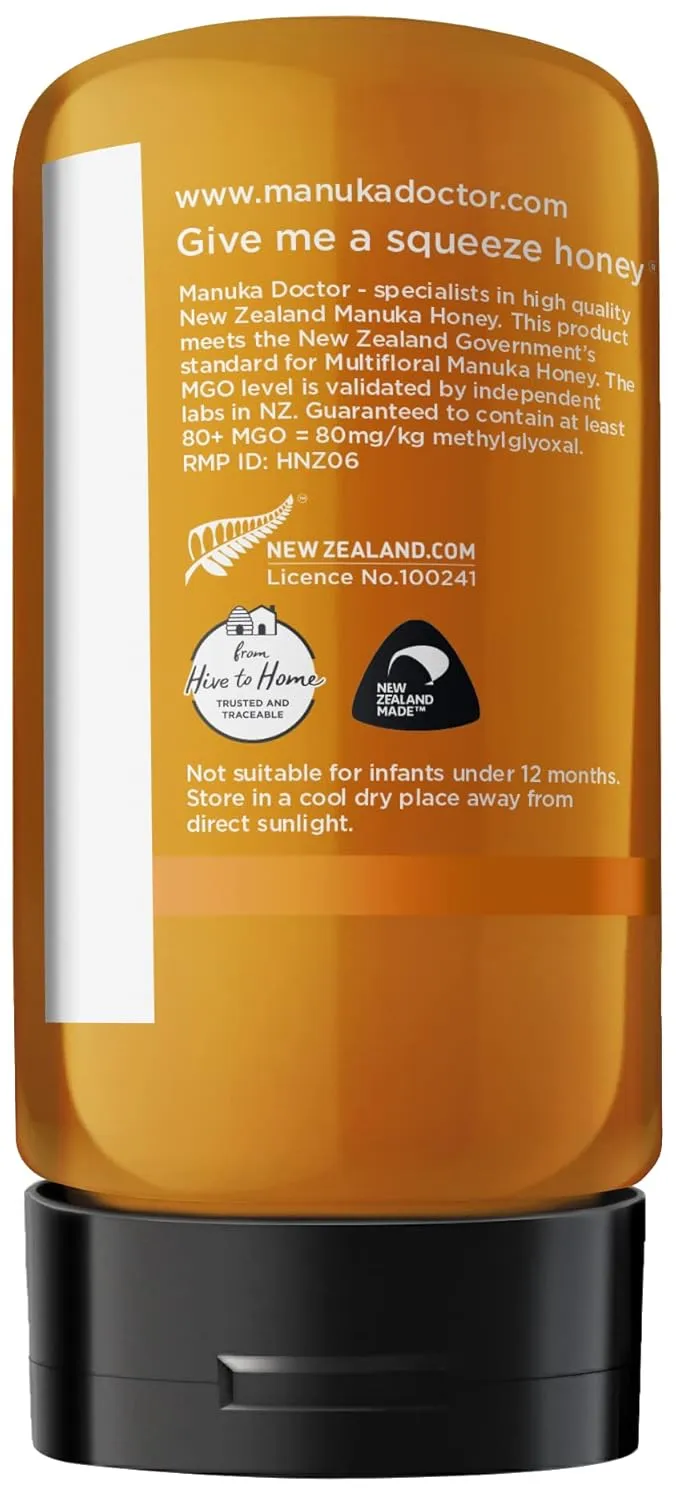 MANUKA DOCTOR - MGO 80  SQUEEZY Manuka Honey Multifloral, 100% Pure New Zealand Honey. Certified. Guaranteed. RAW. Non-GMO (10.58 oz)