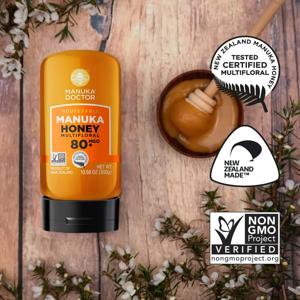 MANUKA DOCTOR - MGO 80  SQUEEZY Manuka Honey Multifloral, 100% Pure New Zealand Honey. Certified. Guaranteed. RAW. Non-GMO (10.58 oz)