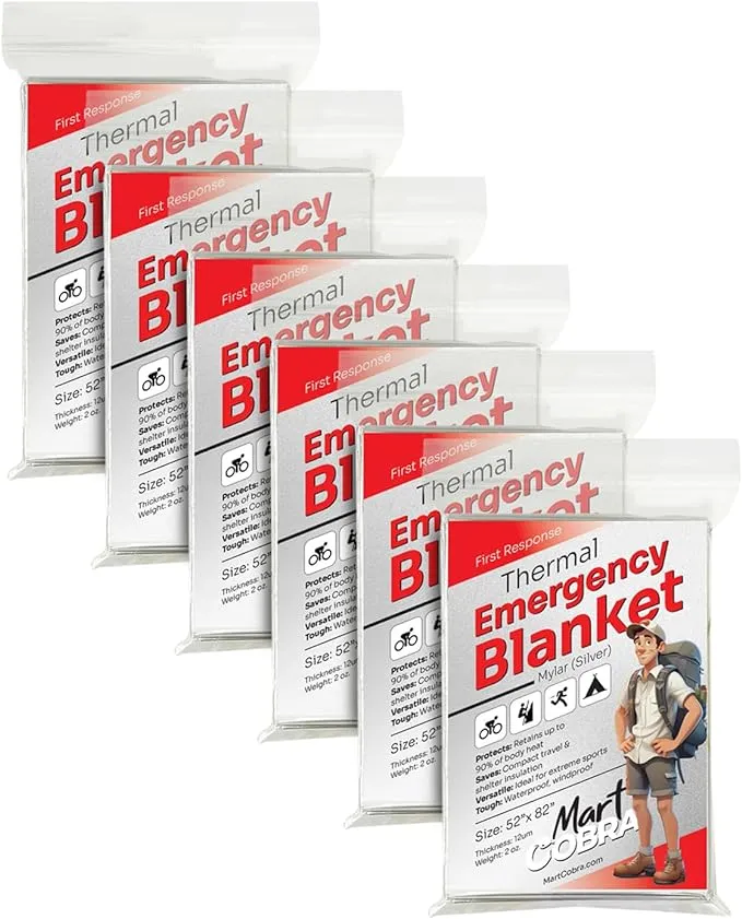 Mart Cobra Emergency Blankets x6 Survival Gear and Equipment Space Blanket Mylar Blankets Thermal Blanket Survival Blanket Survival Kits Emergency Kit Emergency Supplies Foil Blanket Camping Shelter