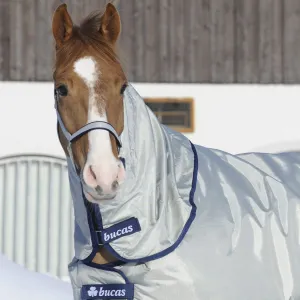 Medium Horse Blanket, Silver with Navy Trim, Ballistic Nylon, Waterproof, Round Neck, Snap Closure, All Seasons, Outdoor/Casual, Weather Resistant, UV Protection, All Ages, Medium (69"-72")