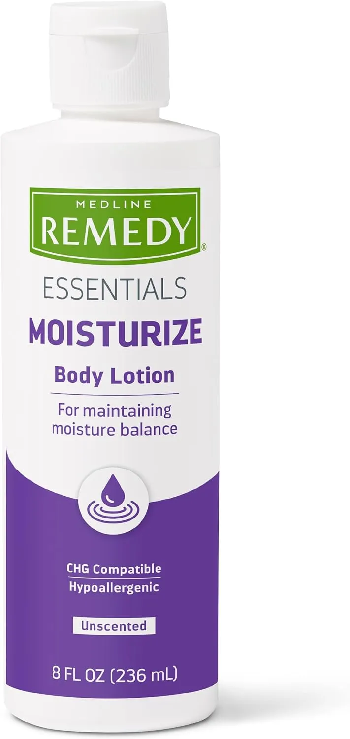 Medline Remedy Essential Moisturizing Body Lotion (8 oz Bottle), 36 Count, Unscented, Hydrating, Soothing For Dry Skin, Smooths & Softens, Non-Greasy, Hypoallergenic, Men, Women, Elderly