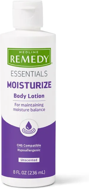 Medline Remedy Essential Moisturizing Body Lotion (8 oz Bottle), 36 Count, Unscented, Hydrating, Soothing For Dry Skin, Smooths & Softens, Non-Greasy, Hypoallergenic, Men, Women, Elderly