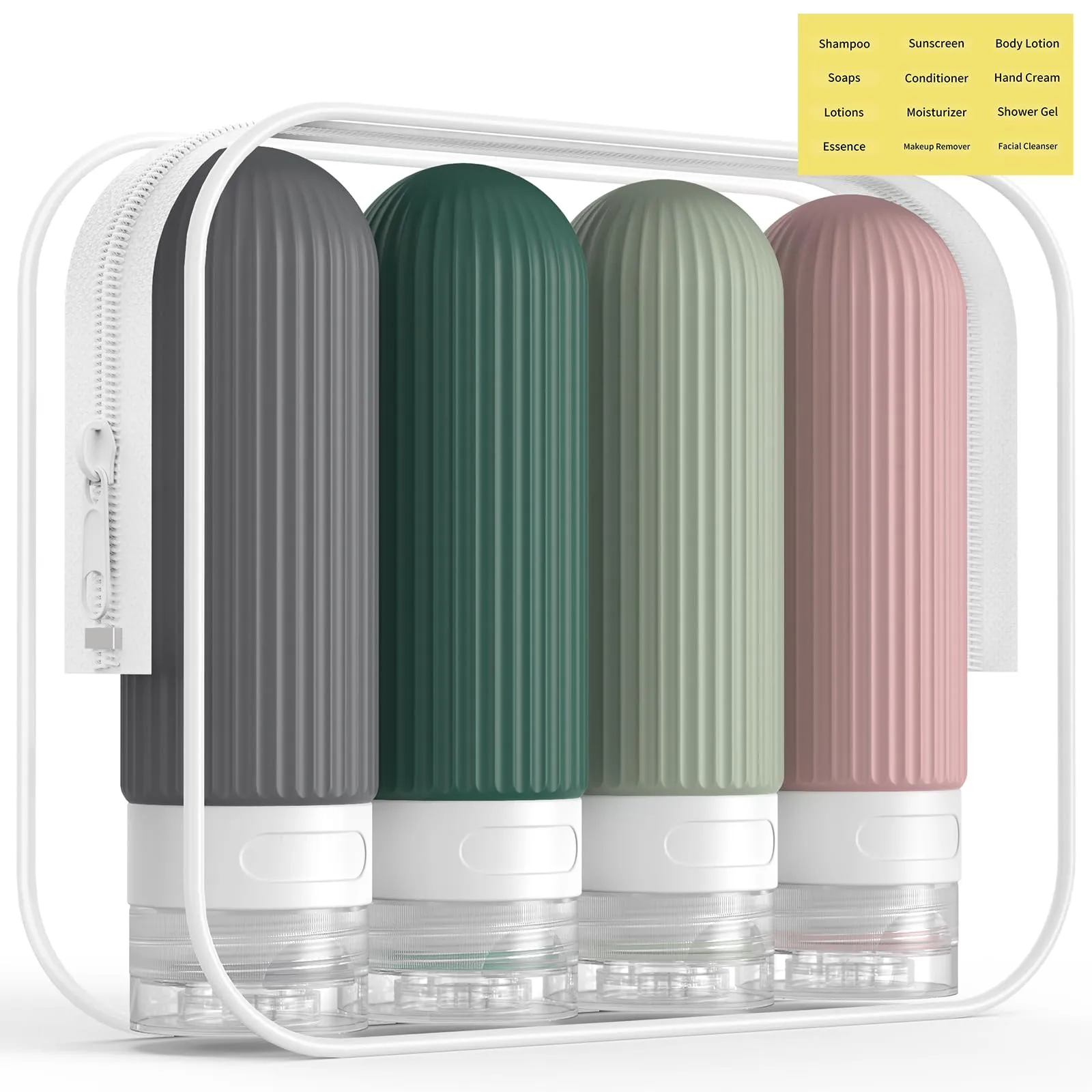 ME.FAN Travel Bottles for Toiletries, TSA Approved 3oz Silicone Travel Size Containers/Portable Split Bottle, Travel Accessories for Conditioner, Shampoo, Lotion - 4 Pack Morandi