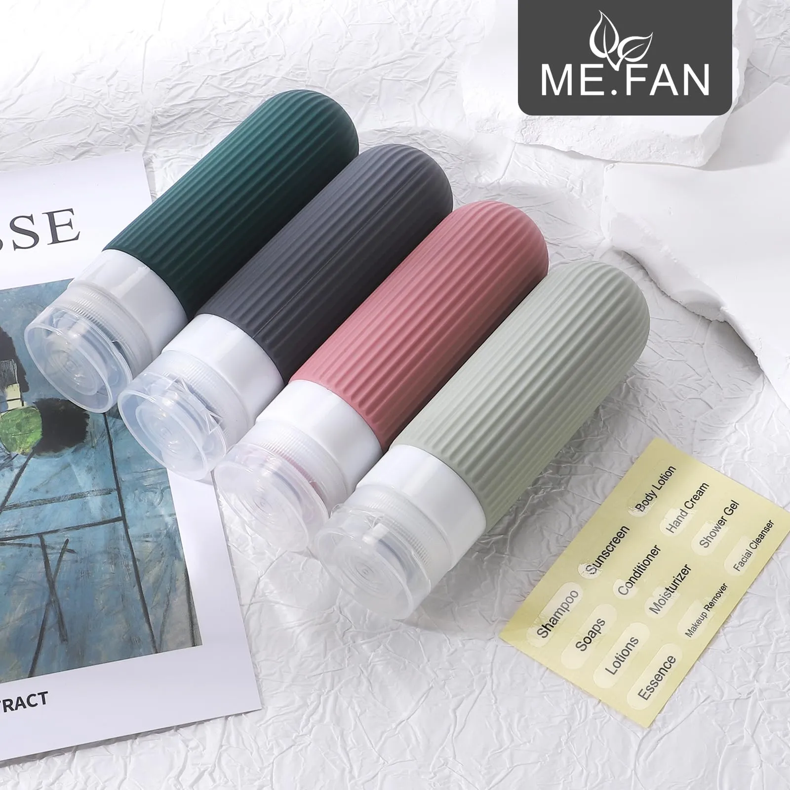 ME.FAN Travel Bottles for Toiletries, TSA Approved 3oz Silicone Travel Size Containers/Portable Split Bottle, Travel Accessories for Conditioner, Shampoo, Lotion - 4 Pack Morandi