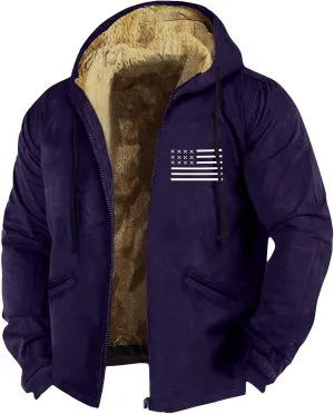 Men's Western Vintage Print Sherpa Fleece Lined Jackets Winter Warm Cozy Outerwear Quilted Down Varsity Coat Hooded