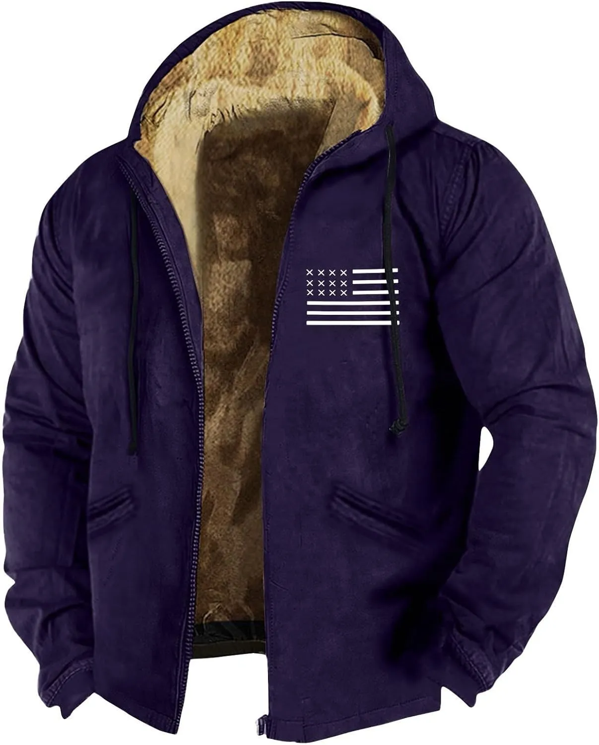 Men's Western Vintage Print Sherpa Fleece Lined Jackets Winter Warm Cozy Outerwear Quilted Down Varsity Coat Hooded