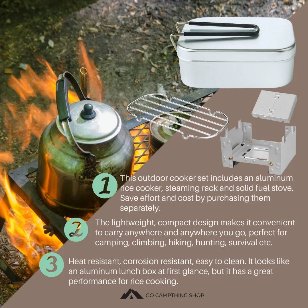 Messtin 3 Pieces Set Aluminum 750ml with Rice Cooker Folding Stove and Steaming Rack Outdoor Camping Cooking