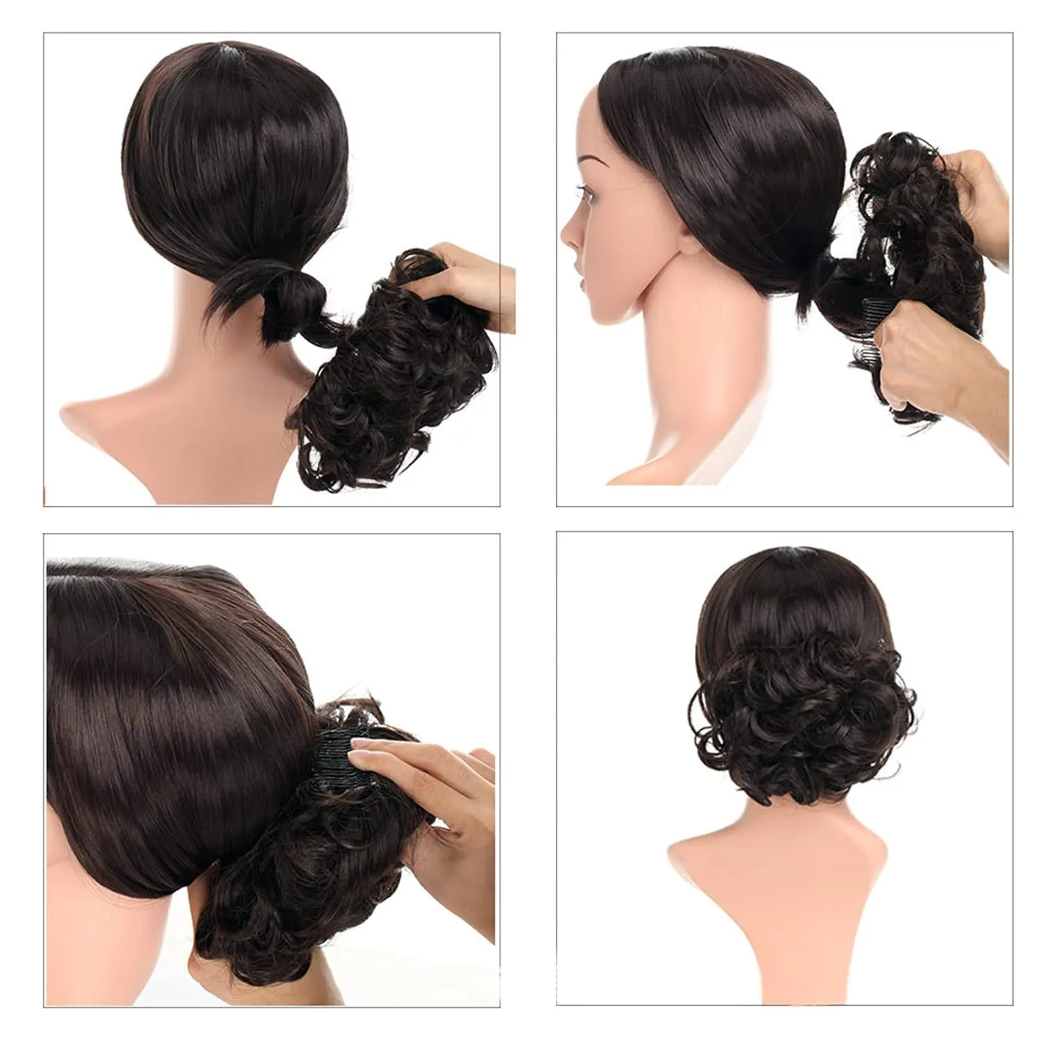 Messy Bun Hair Piece Scrunchies for Women Synthetic Updo Bun Wavy Curly Chignon with Comb Clip In Ponytail for Daily Medium Brown