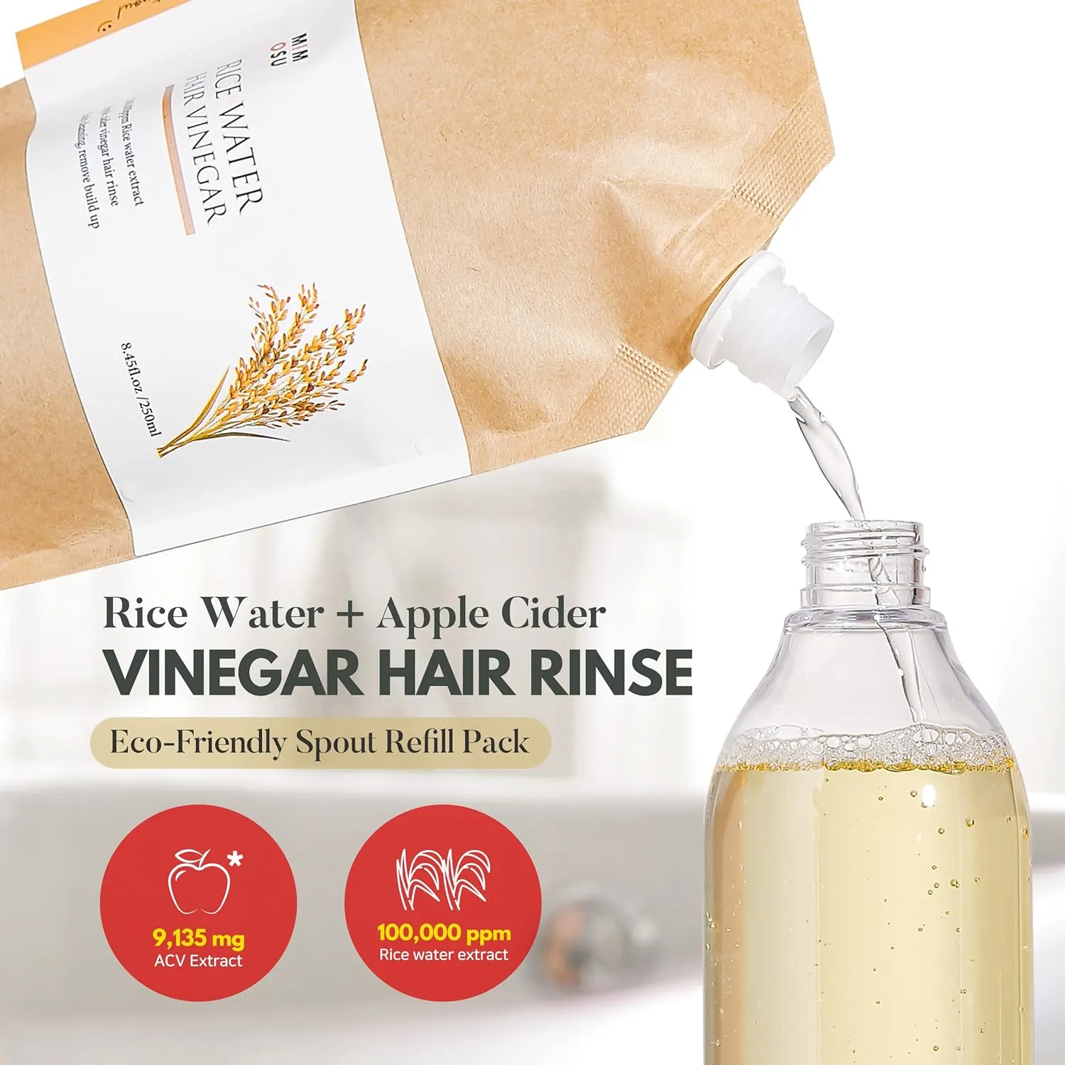 mimosu Apple Cider Vinegar Hair Rinse with Rice Water Refill 8.45oz, Hair Growth Cleansing Conditioner, Gentle Scalp Cleanser for Build Up, Glycolic Acid Dandruff Treatment
