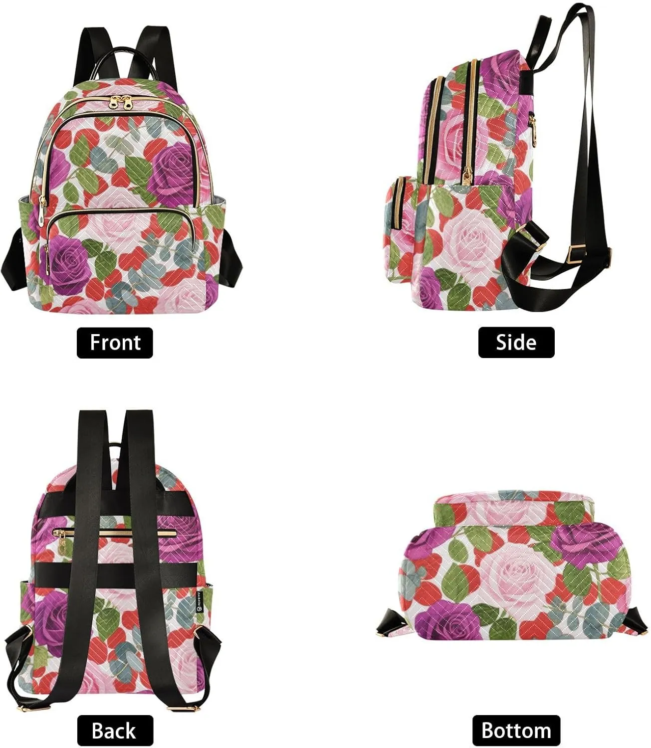 Mini Backpack Quilted Purse for Womens Small Backpack Daypack Rose Print for Travel Daily Camping,Multi1