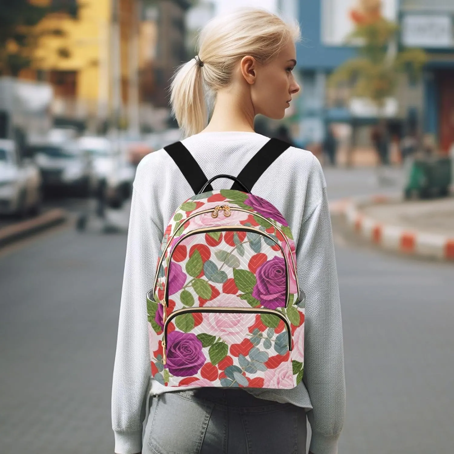 Mini Backpack Quilted Purse for Womens Small Backpack Daypack Rose Print for Travel Daily Camping,Multi1