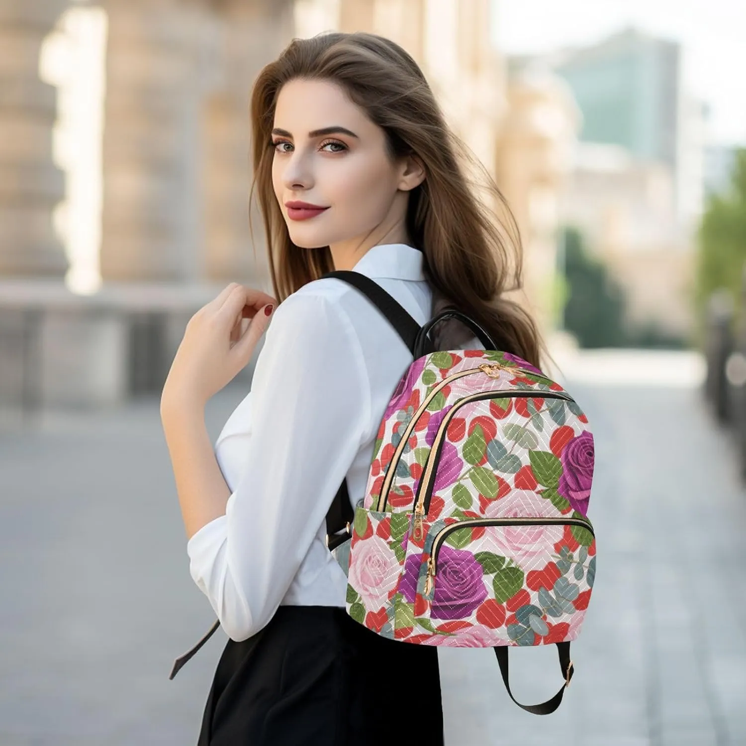 Mini Backpack Quilted Purse for Womens Small Backpack Daypack Rose Print for Travel Daily Camping,Multi1