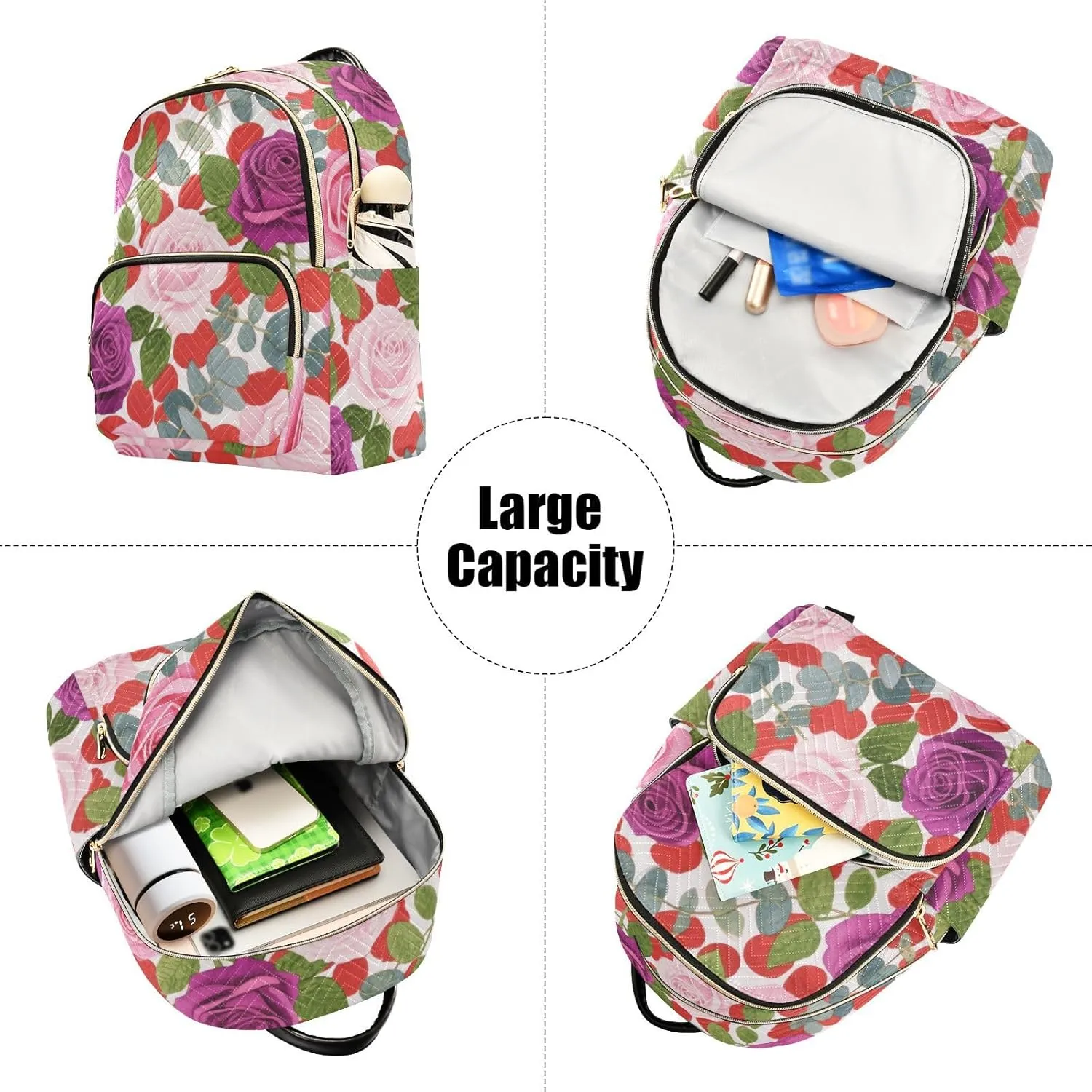 Mini Backpack Quilted Purse for Womens Small Backpack Daypack Rose Print for Travel Daily Camping,Multi1