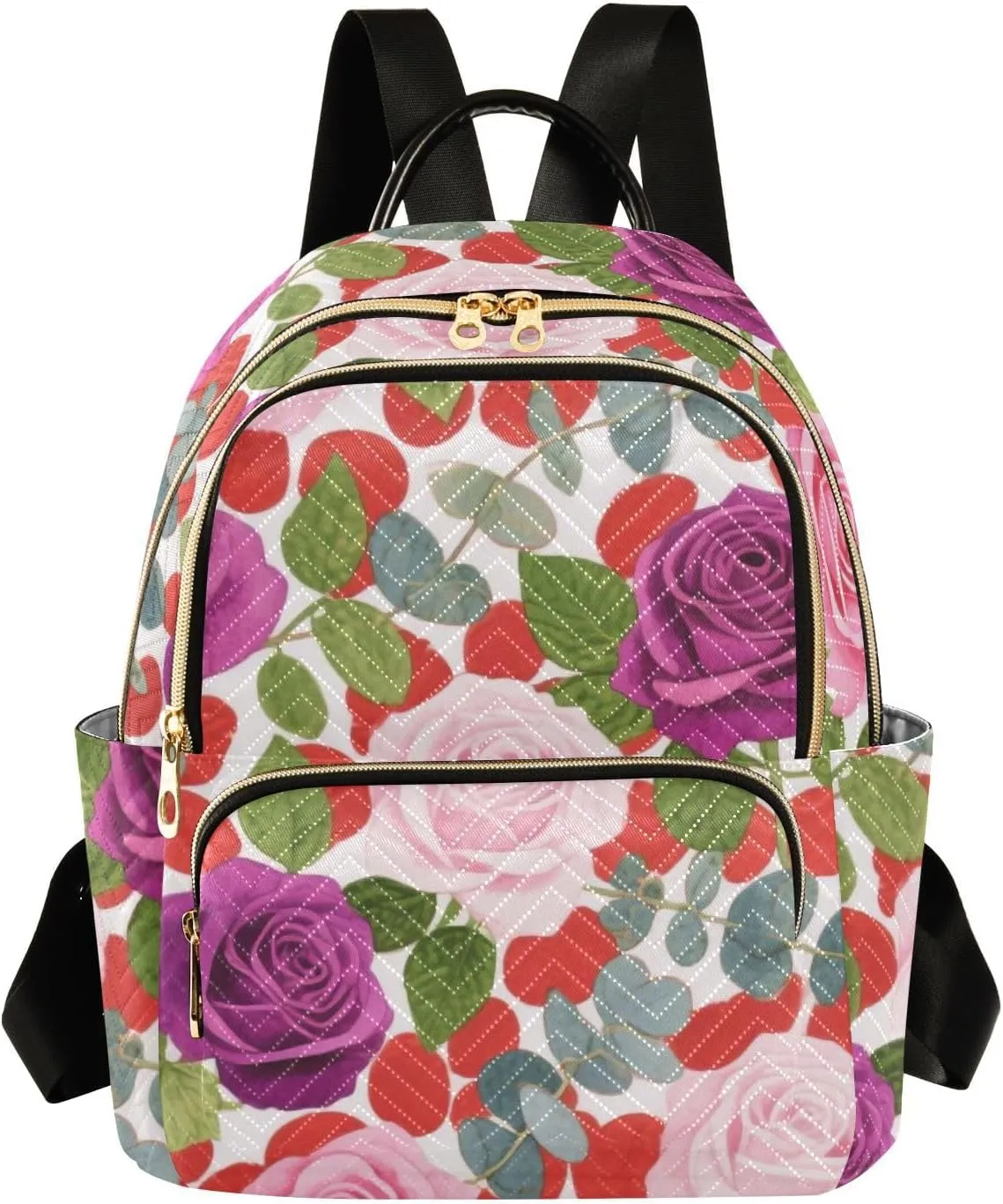 Mini Backpack Quilted Purse for Womens Small Backpack Daypack Rose Print for Travel Daily Camping,Multi1