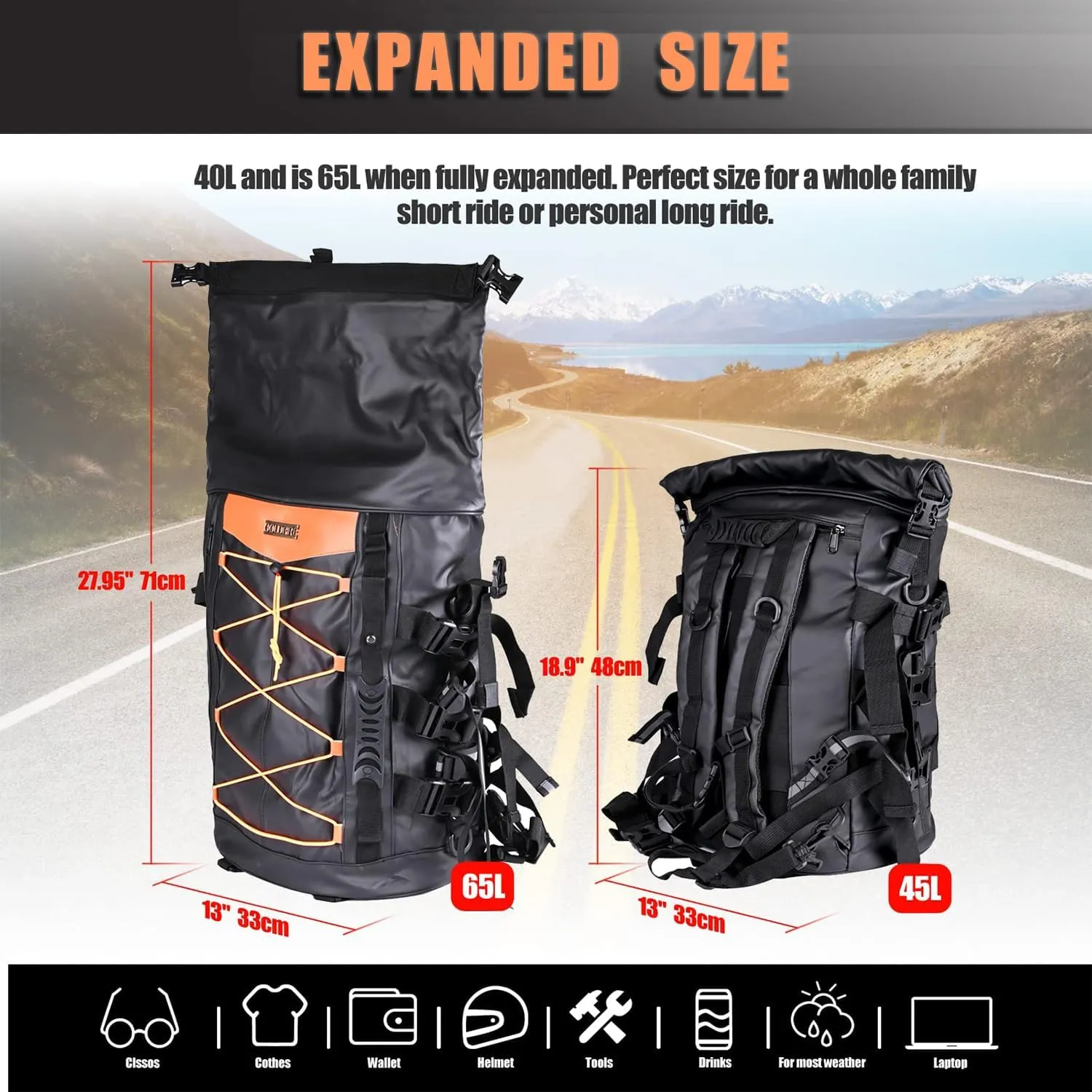 Motorcycle Sissy Bar Bag 40L Expandable Travel Luggage Tail Bag Motorcycle Backpack Duffle Bag with Sissy Bar Straps (Balck)