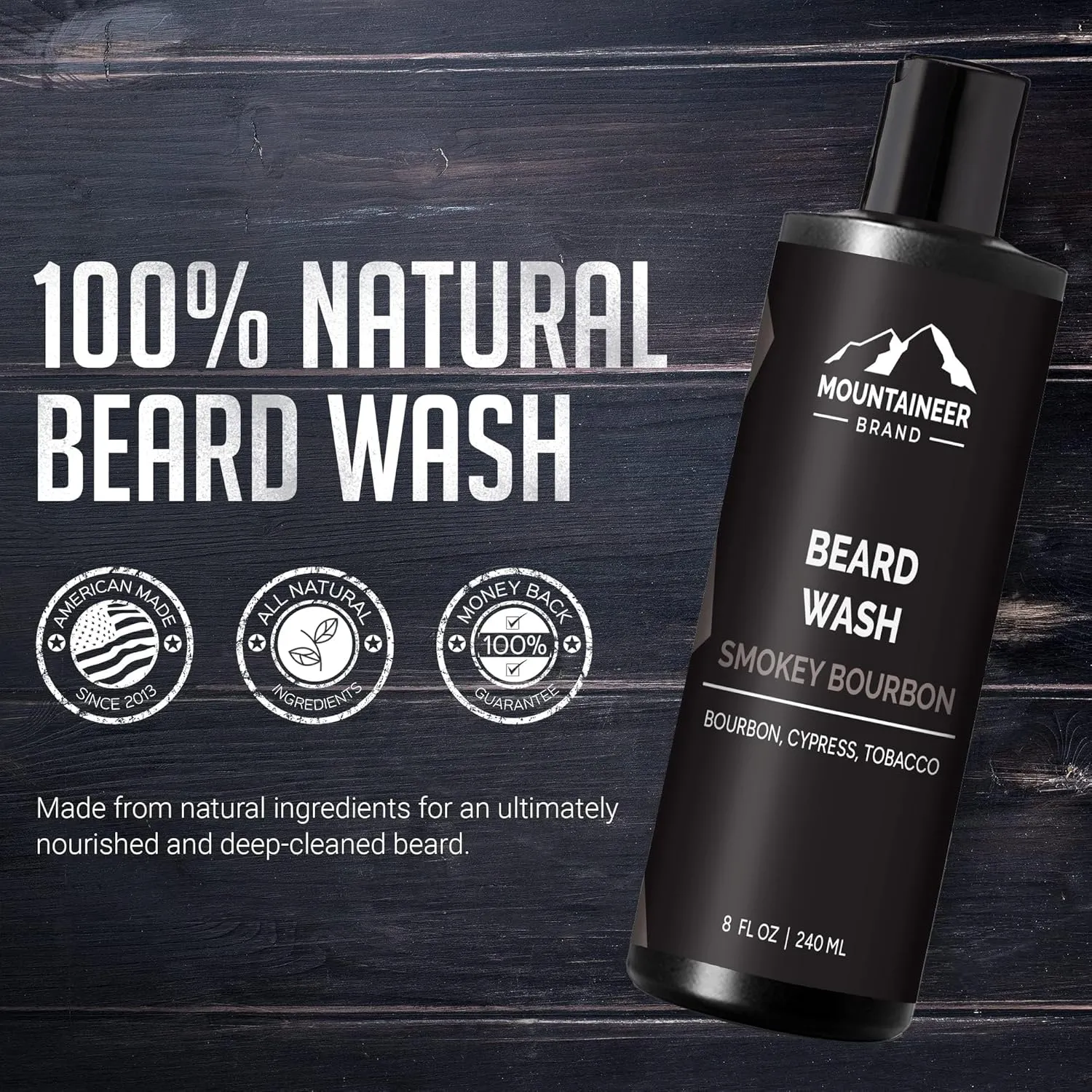 Mountaineer Brand Beard Wash For Men | 100% Natural Beard Shampoo | Thick Cleaning Softening Lather for Hair and Skin | Hydrate and Detangle | Grooming Treatment | Smokey Bourbon Scent 8oz