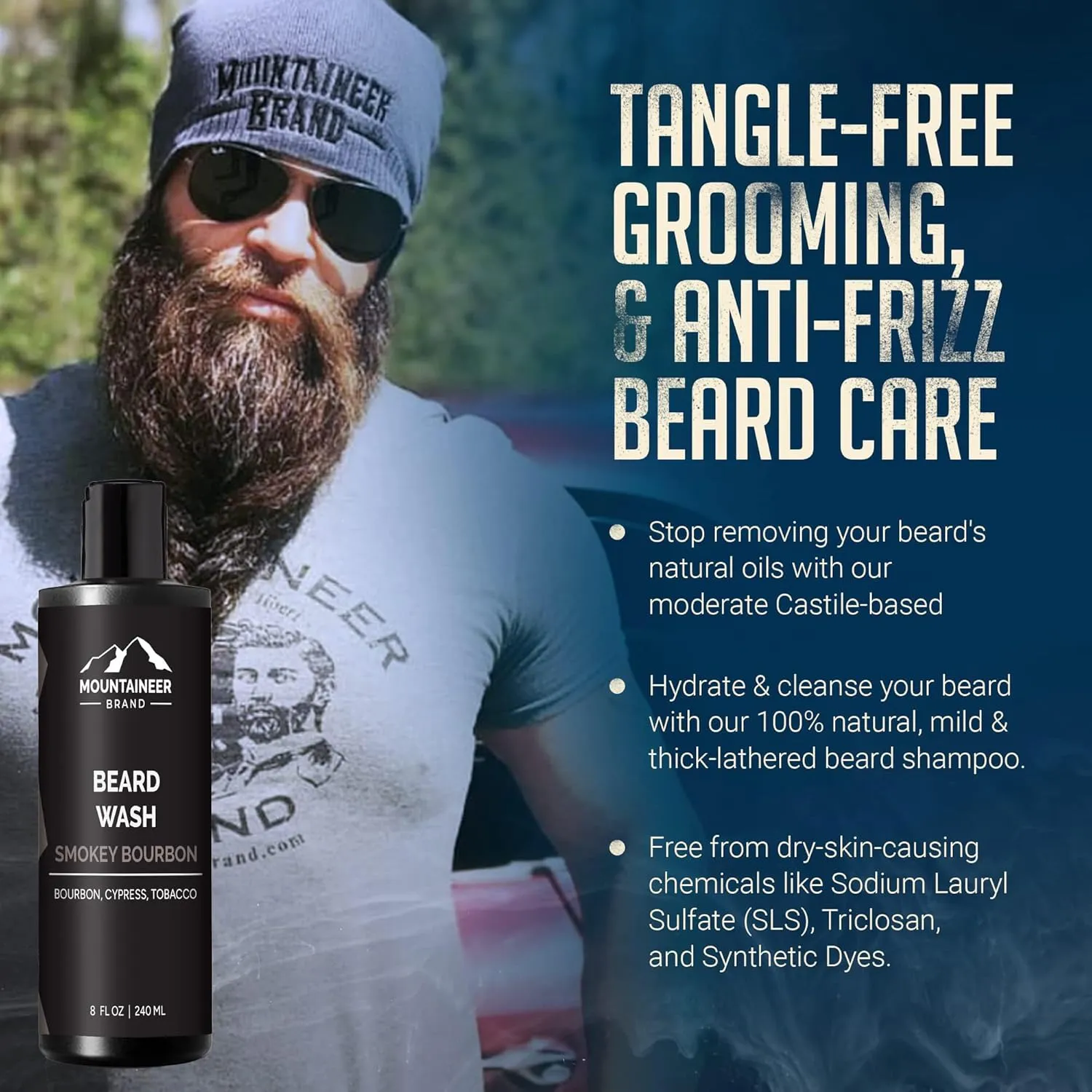 Mountaineer Brand Beard Wash For Men | 100% Natural Beard Shampoo | Thick Cleaning Softening Lather for Hair and Skin | Hydrate and Detangle | Grooming Treatment | Smokey Bourbon Scent 8oz
