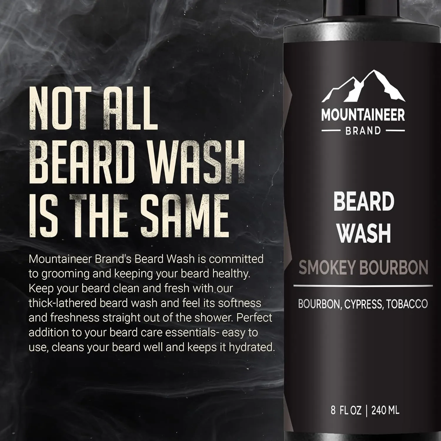Mountaineer Brand Beard Wash For Men | 100% Natural Beard Shampoo | Thick Cleaning Softening Lather for Hair and Skin | Hydrate and Detangle | Grooming Treatment | Smokey Bourbon Scent 8oz
