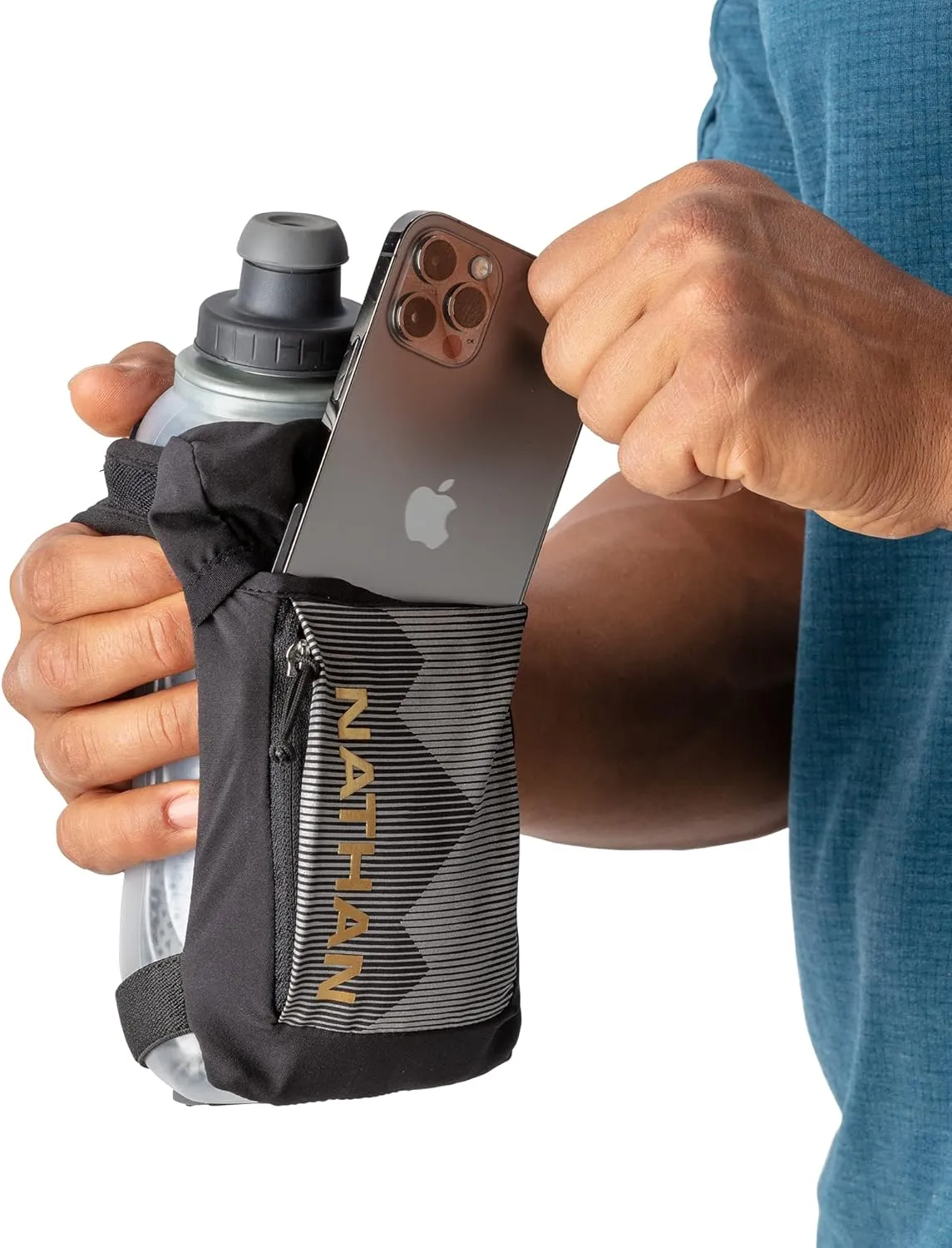 Nathan Running Handheld Quick Squeeze Water Bottle. No-Grip Adjustable Hand Strap. 12oz / 18oz / Insulated. Reflective Hydration Water Bottle.