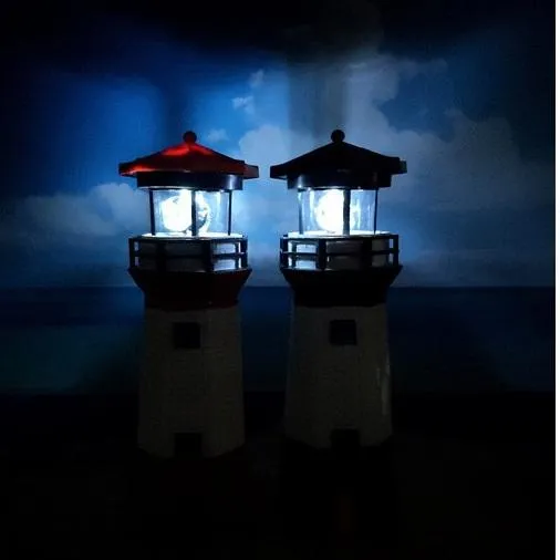 Nautical Lighthouse Statue with Spinning Light, Ocean and Beachhouse Inspired Decor, Red