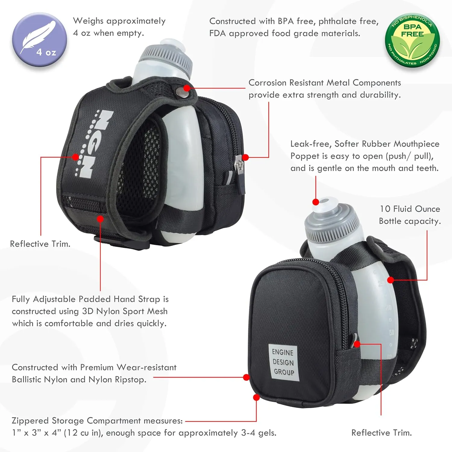 NGN Sport - Running Water Bottle Handheld | Hydration Bottle & Pack with Zippered Pocket - 10 oz