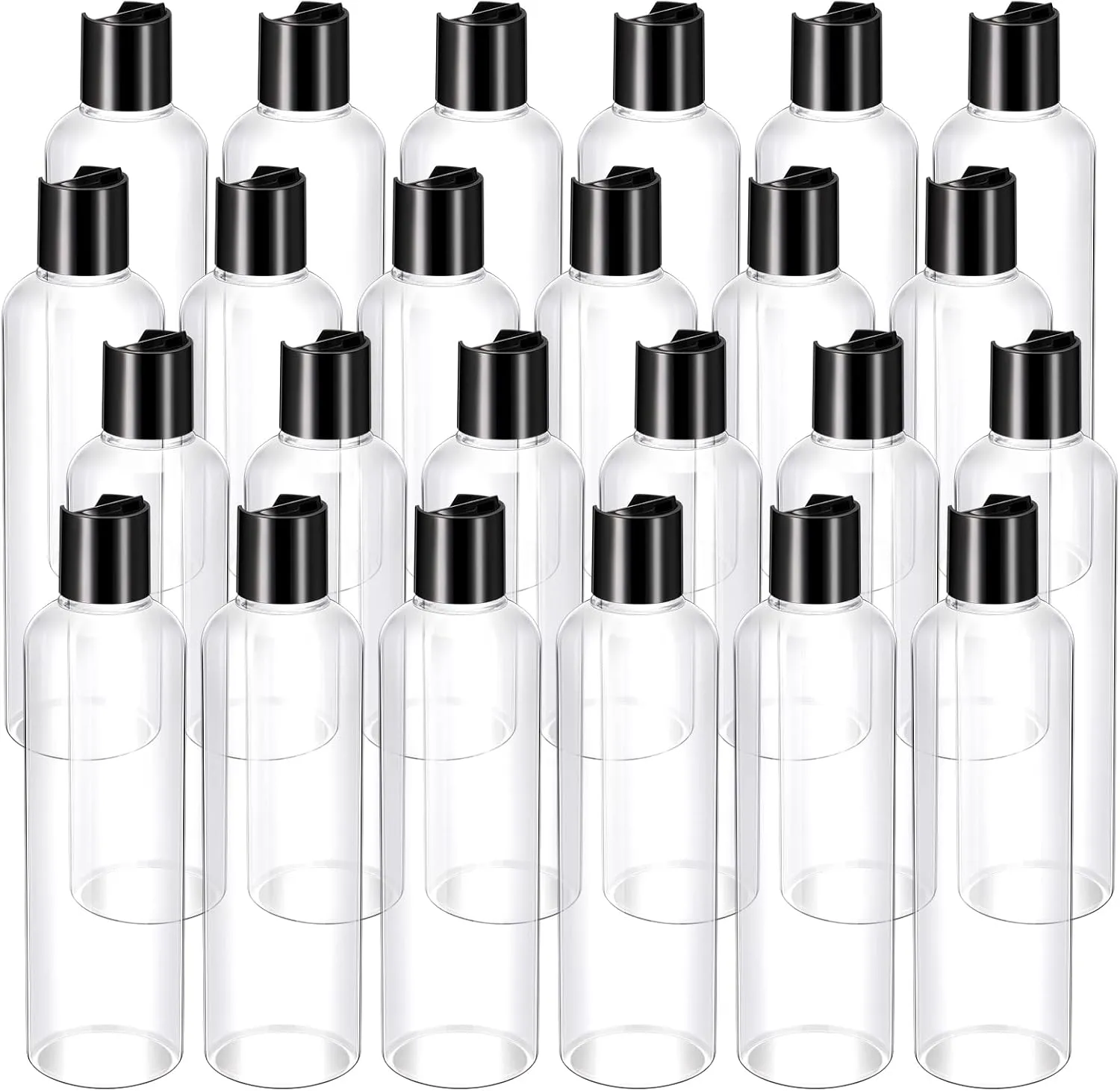 Nuenen 24 Pieces Plastic Empty Bottles Clear Squeeze Travel Containers with Black Disc Cap Refillable Shampoo Travel Bottles for Toiletries Lotion Container for Body Soap Cream(8 oz)