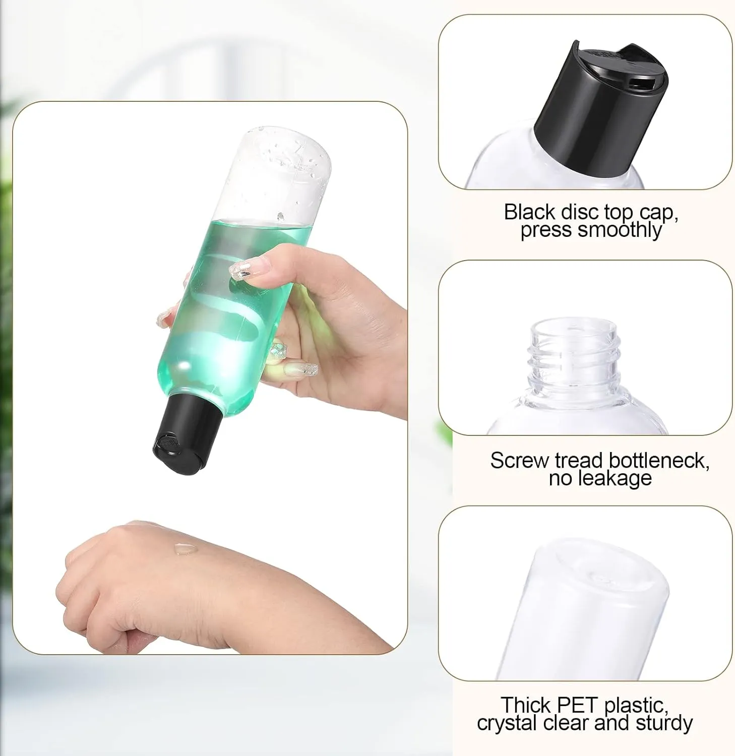 Nuenen 24 Pieces Plastic Empty Bottles Clear Squeeze Travel Containers with Black Disc Cap Refillable Shampoo Travel Bottles for Toiletries Lotion Container for Body Soap Cream(8 oz)