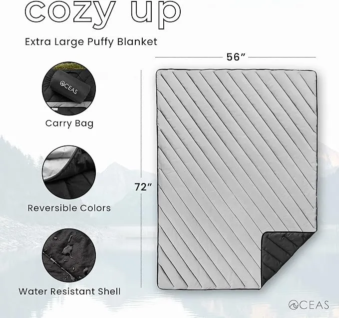 Oceas Outdoor Waterproof Stadium Blanket - Thicker Weather Proof and Windproof Blankets for Camping, Sporting Events, Picnic and Car Use - 100% Waterproof Insulated Blanket and Throws (Puffy, Black)