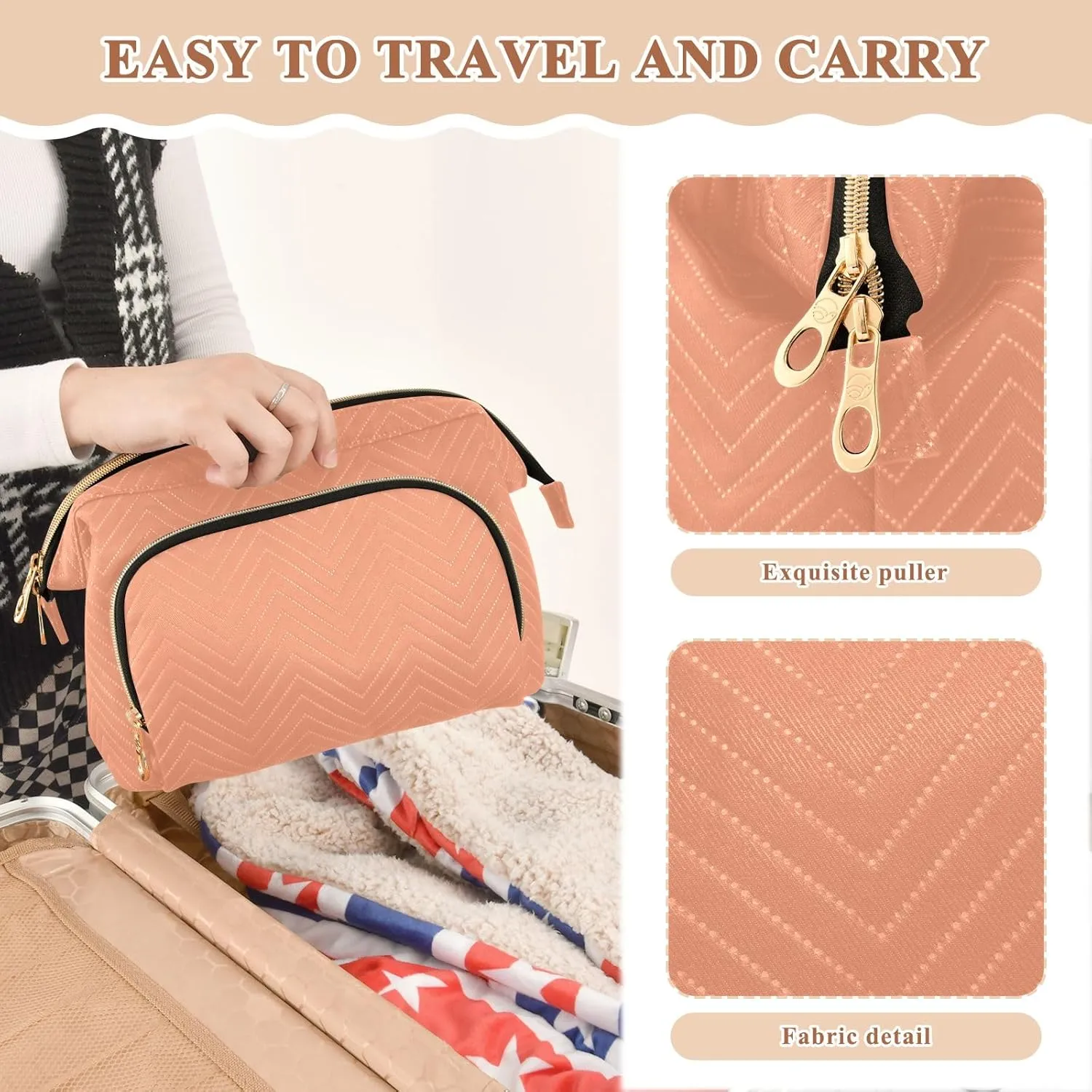 ODAWA Light Salmon Quilted Cosmetic Bag with 9-Piece Accessory Set, Wide-open Cosmetic Travel Bags Cosmetic Bags for Women for Purse
