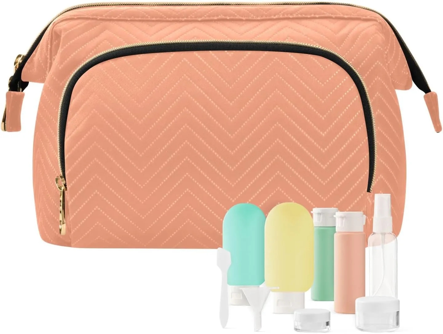 ODAWA Light Salmon Quilted Cosmetic Bag with 9-Piece Accessory Set, Wide-open Cosmetic Travel Bags Cosmetic Bags for Women for Purse