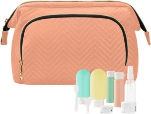 ODAWA Light Salmon Quilted Cosmetic Bag with 9-Piece Accessory Set, Wide-open Cosmetic Travel Bags Cosmetic Bags for Women for Purse